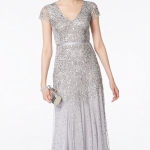 NWTSilver Cap Sleeve Embellished Beaded Gown